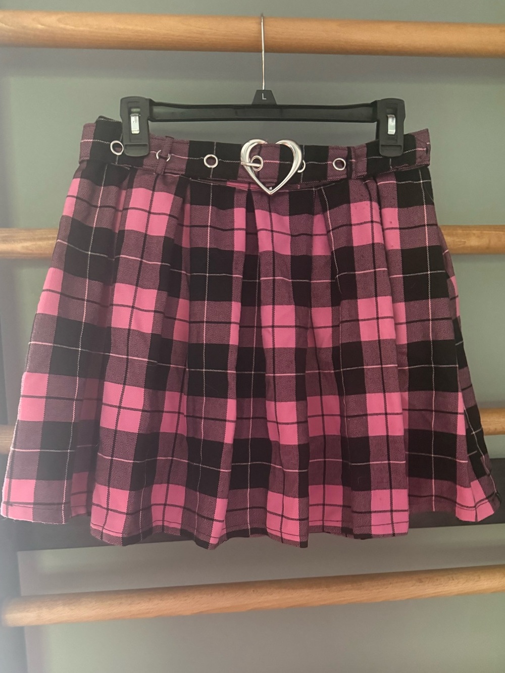 Hot Topic Pink and Black Plaid Pleated Mini Skirt with Heart Buckle